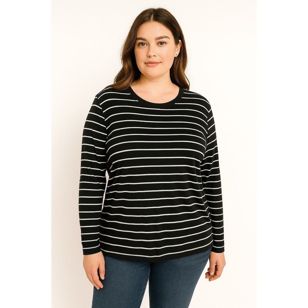 J.O&CO Womens Blouse Top Black White Striped Long  Sleeve Round Neck Nautical